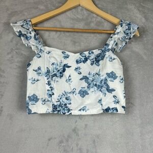 dRA Floral Ruffle Sleeve Crop Top White Blue Women's Small Romantic Summer